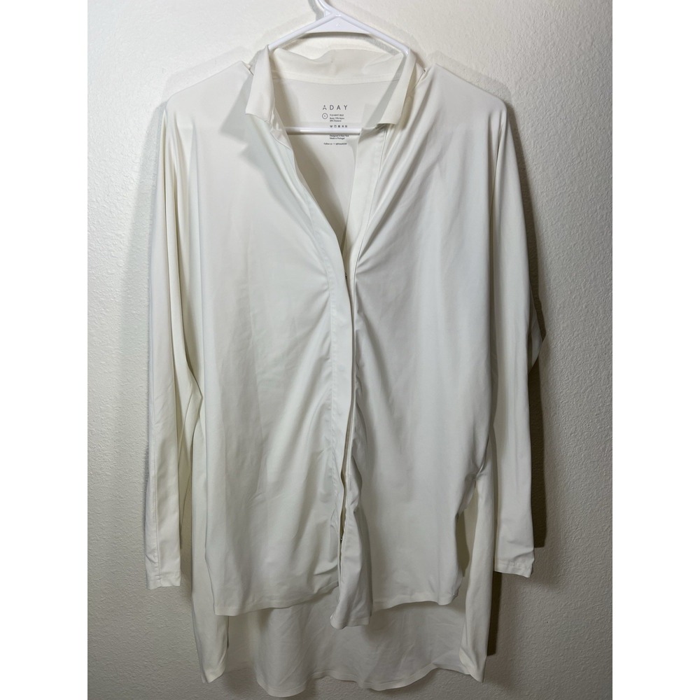 ADAY Something Borrowed Shirt Womens L White High Neck Long Sleeve Tunic Snaps